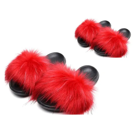 

Factory Winter Family Matching Fluffy Sandals Fashion Women Kids Faux Fur Slides Mulit-Colored Fuzzy Cozy Mommy And Me Slippers