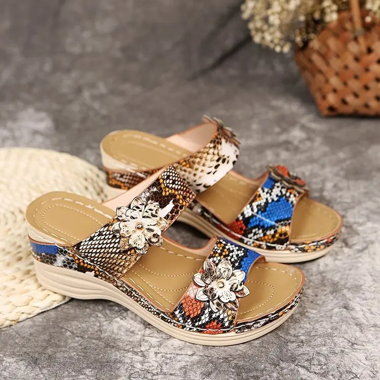 

35-44 Vintage Beach Slope Heel Large Sandals Summer sandals Leopard patterned thick sole fish bill slippers