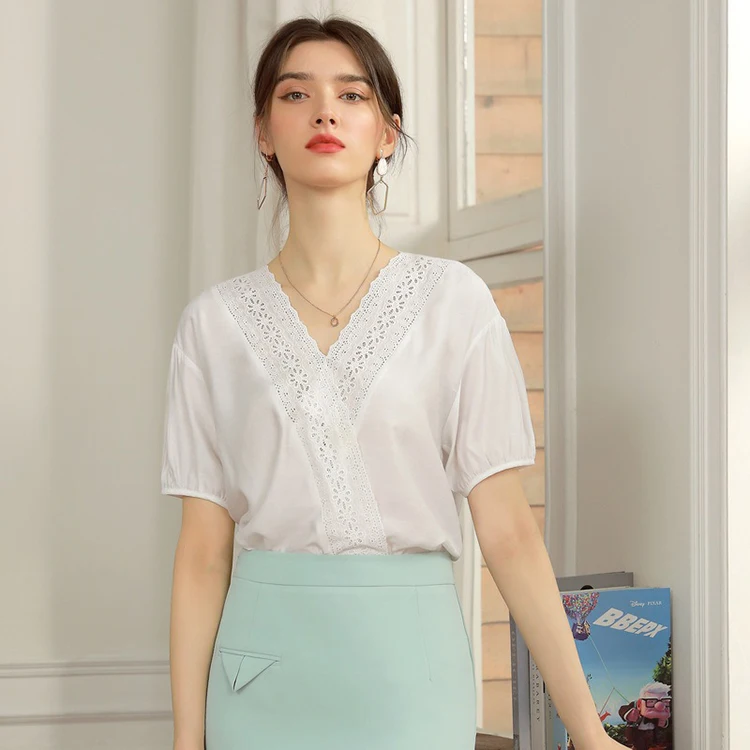 

Made In China Of New Product White Chiffon Office V-Neck Short Sleeve Summer Women Ladies' Blouses