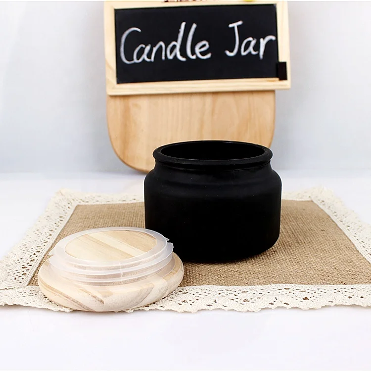 

Factory supply 10oz 300ml round frosted black matte glass candle jar with wooden lid, Black frosted