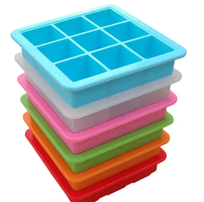 

K82 9 Grids Silicone Ice Cube Tray Molds Square Shape Ice Cube Maker Fruit Popsicle Ice Cream Mold for Wine Bar Drinking, 6 colors