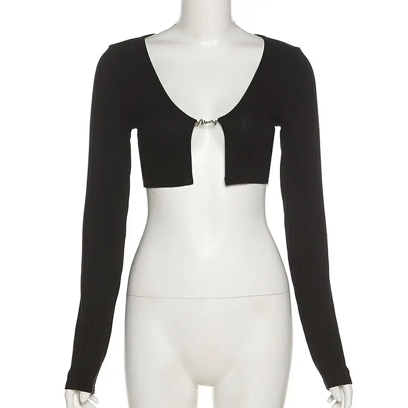 

fall 2021 women clothes V-neck Hollow Out bodycon top ladies long sleeve crop top fashionable