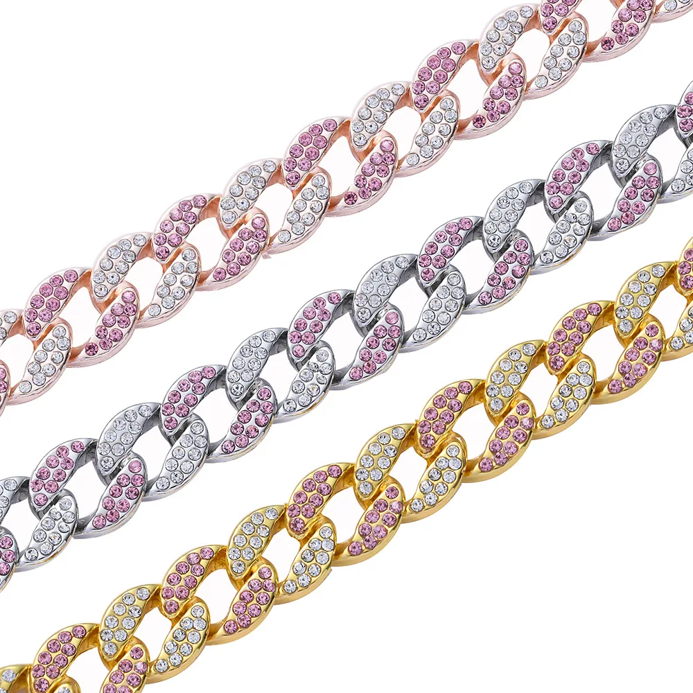 

2021 fashion gold colorful ice diamond geometric alloy 15mm choker cuban link chain necklace, Gold/silver/rose gold