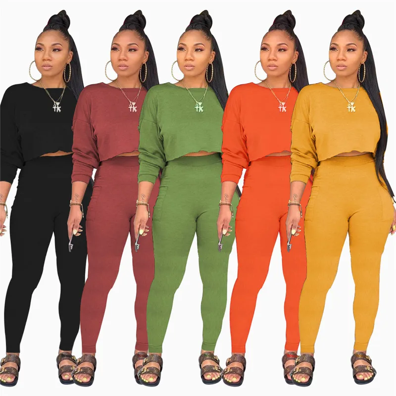 

2021 Fall Winter Women Clothing Track Suit Jogger Set Solid Long Sleeve Casual Loose Sports Crop Top Pants 2 Piece Sets, 5 colors