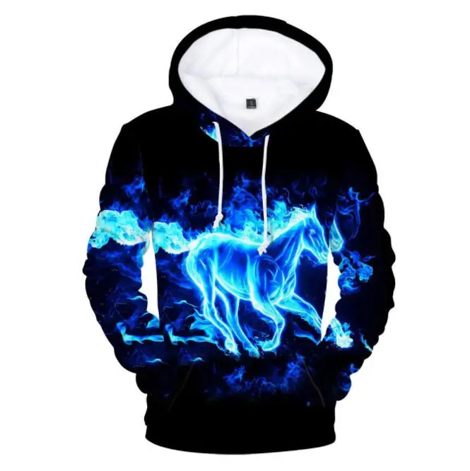 

2020 fashion new 3D trend gunner and rose band blue flame digital print plus velvet hoodie