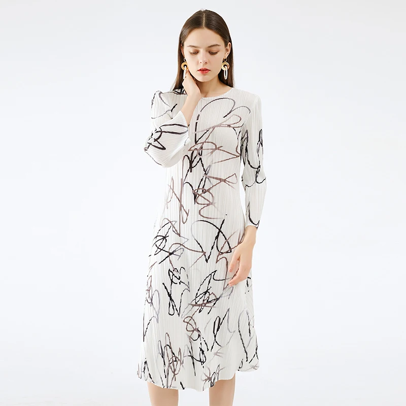 

Fast Delivery Best Quality Miyake Pleated Dress 2021 New Women's Fashion European and American Style Temperament Print Dress T/T