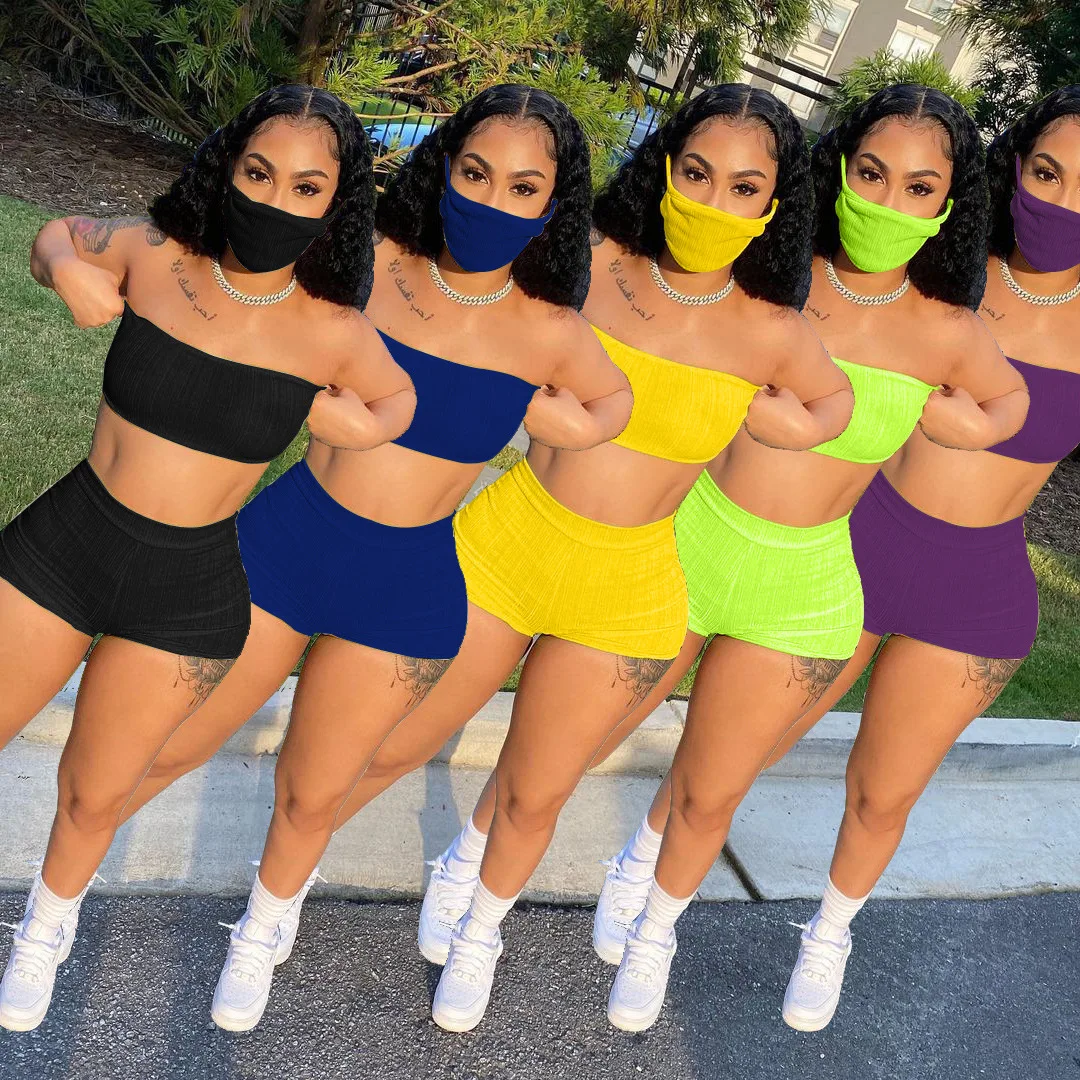 

Custom Logo Solid Color Sleeveless Tube Top Sexy Bodycon Women Summer Two Piece Biker Short Sets