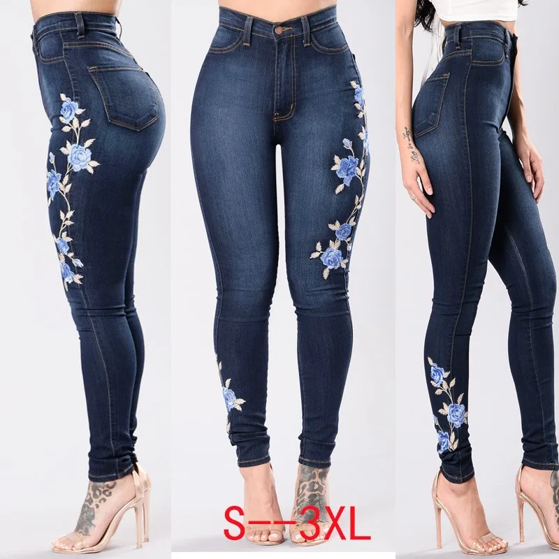 Women High Waist Spring Jeans Streetwear Embroidered Skinny Stretch Pencil Long Slim Casual Leggings Jeans