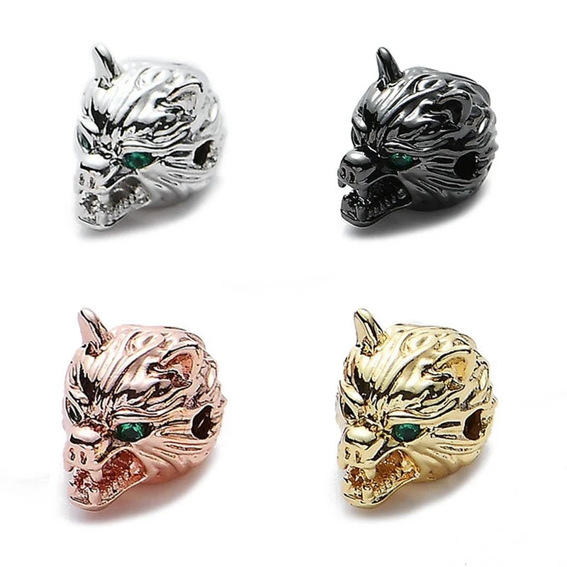 

3pcs/bag 11*11MM Animal Wolf Head Brass Micro Pave Cubic Zirconia Beads CZ Spacer Charms Beads For Bracelet Charms
