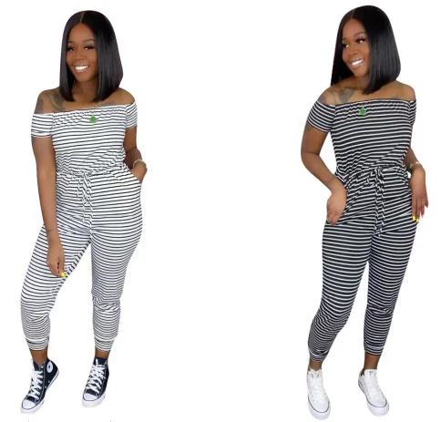

Summer Rompers 2021 New Arrivals Off The Shoulder Clothes Fashion Short Sleeve Striped Jumpsuit, As pictures