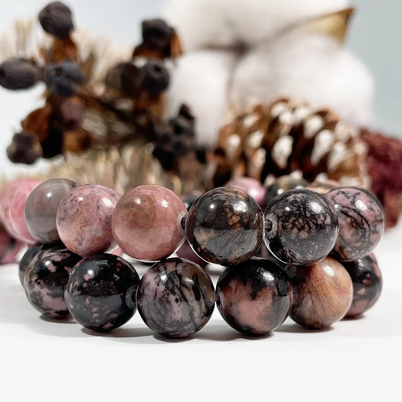 Natural Smooth Black Line Rhodochrosite Gemstone Loose Beads For Jewelry Making DIY Handmade Crafts 4mm 6mm 8mm 10mm 12mm