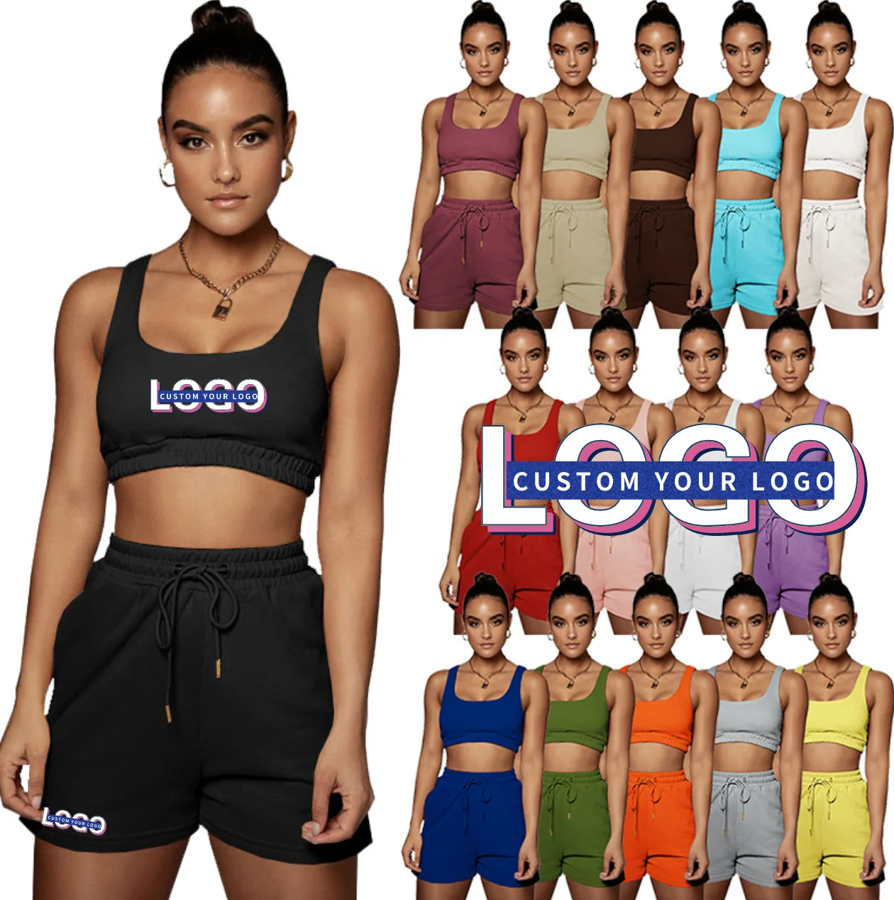 

HR8163 2022 high quality summer suits vest outfits tank top and shorts sets custom logo sports bra and shorts set Women, As shown in the figure