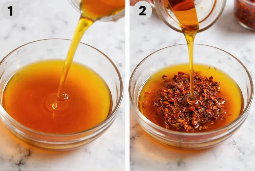 Step-by-step preparation of homemade chili oil showing oil being poured over chili flakes and spices