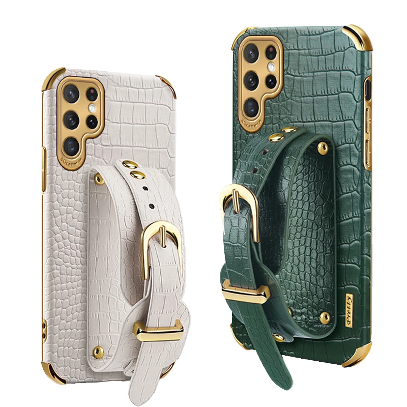 

S22 Ultra Crocodile Pattern Back Cover Wristband For Samsung Galaxy Luxury Leather Phone Case
