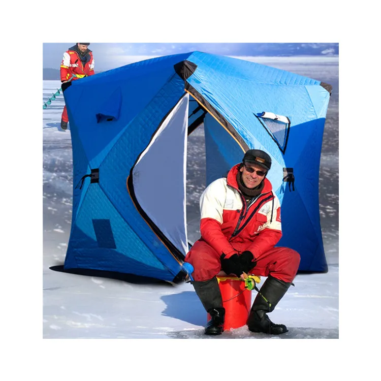 

Popular 3-4 Person Warm Keeping Portable Double Door Fiberglass Pole Ice Fishing Shelter with 4pcs Hook and Windproof Rope