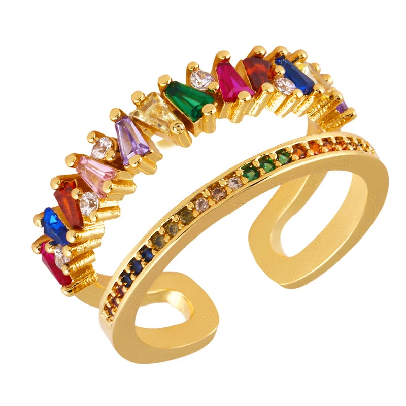 

2021 Sailing Jewelry Gold Filled Rainbow Baguette Rings Cubic Zirconia Open Statement Rings Cubic Zirconia Open Cuff Rings, Gold/silver