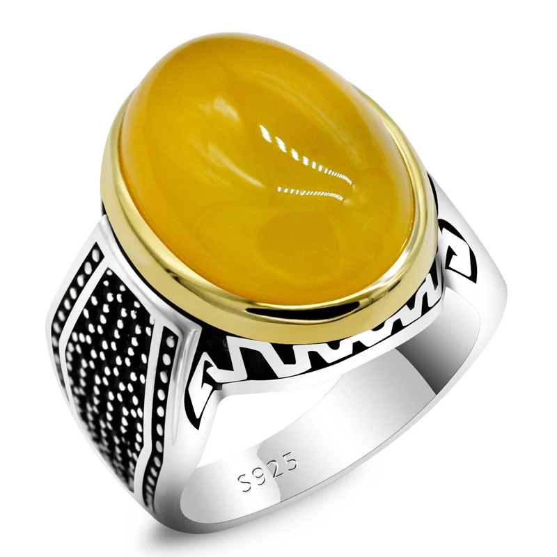 

Men's Ring 925 Sterling Silver Inlaid Natural Yellow Onyx Stone Turkish Men's Style European and American Fashion Jewelry