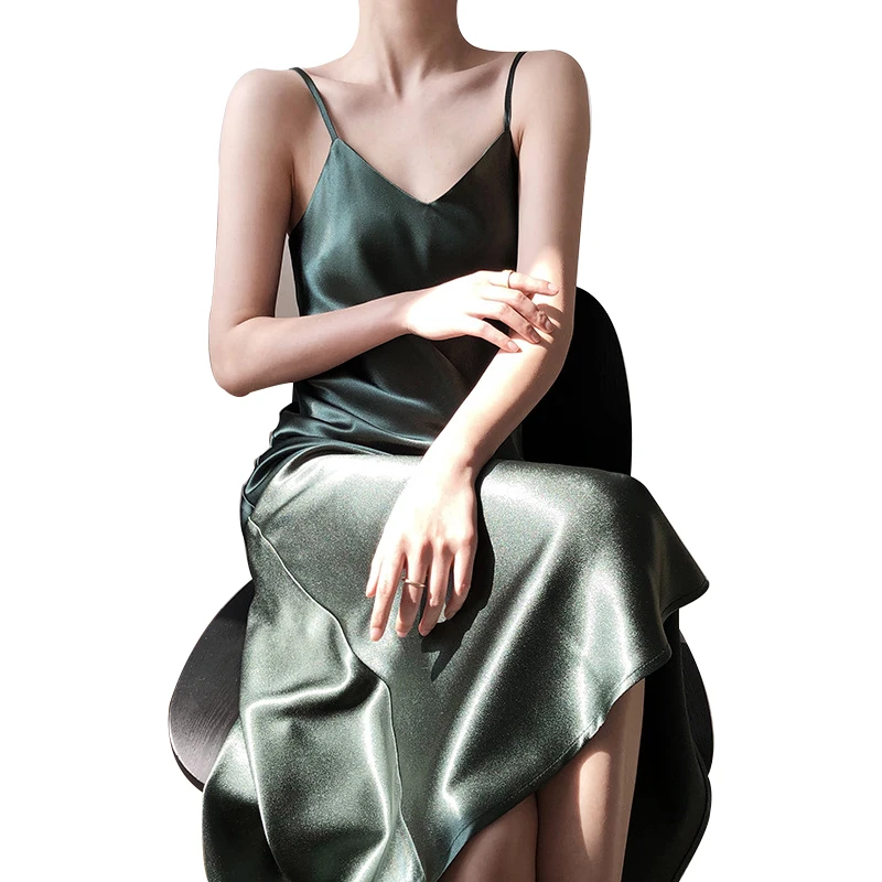 

2021 hot Slip Dress Evergreen Adjustable Straps Acetate OEM Women Long Maxi Slip Silk Satin Dress
