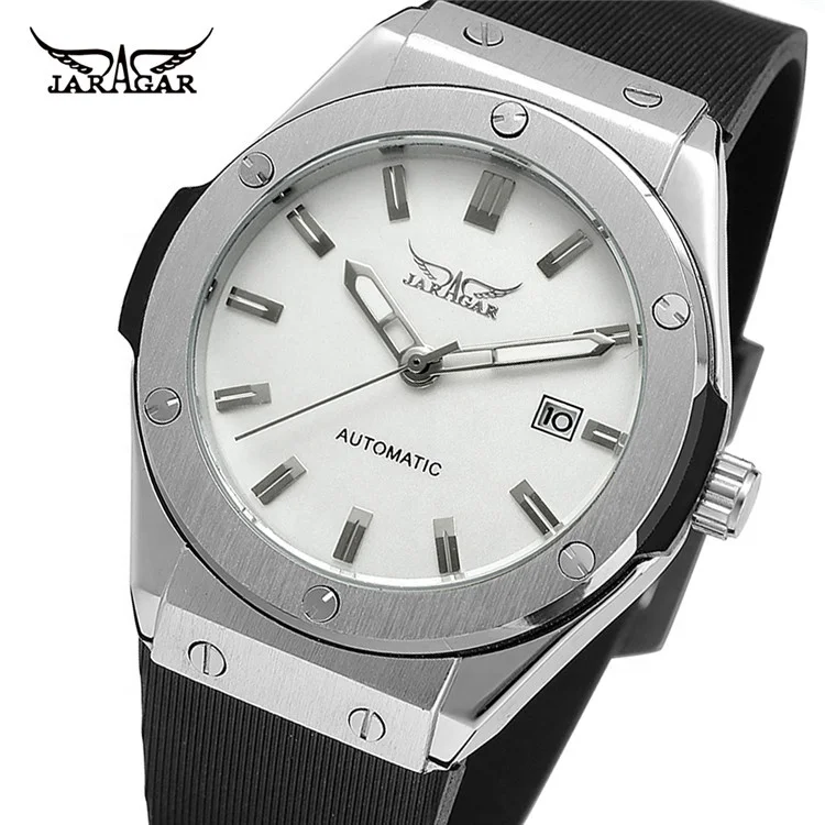 

JARAGAR 8107 silver mens mechanical watch leather band water resist auto skeleton in stock watch kit