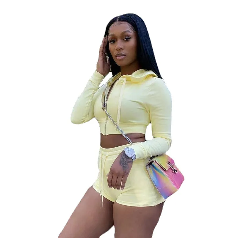 

2021 new casual 2 piece short set hooded crop tops track sets women outfits two piece set, Yellow,orange,blue,black,sky blue