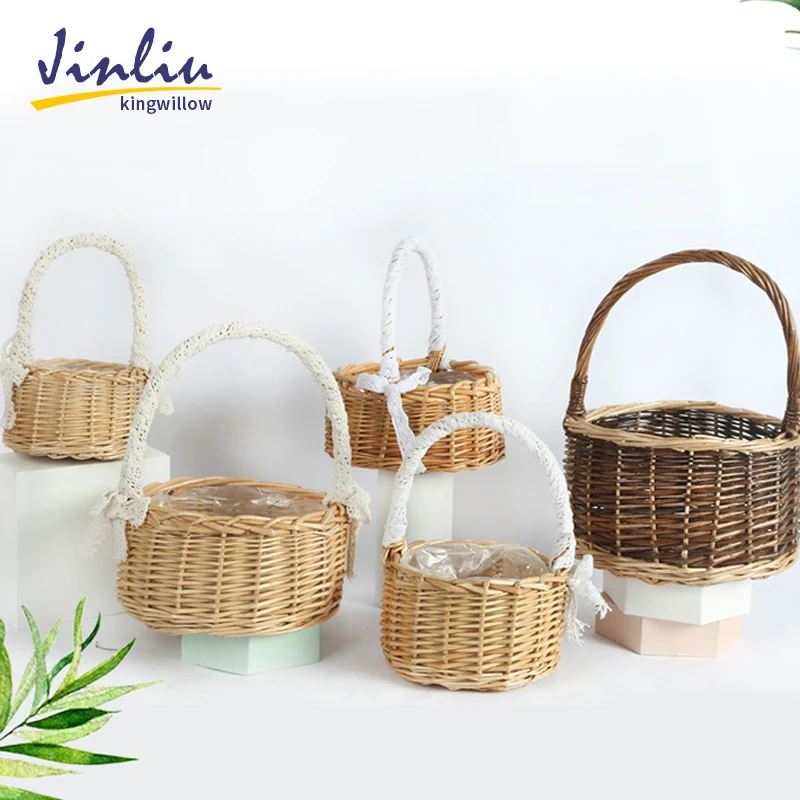 

Jinliu Willow Hand-held Flower Basket with Leather Handle For Waterproof Lining, As photo or as your requirement