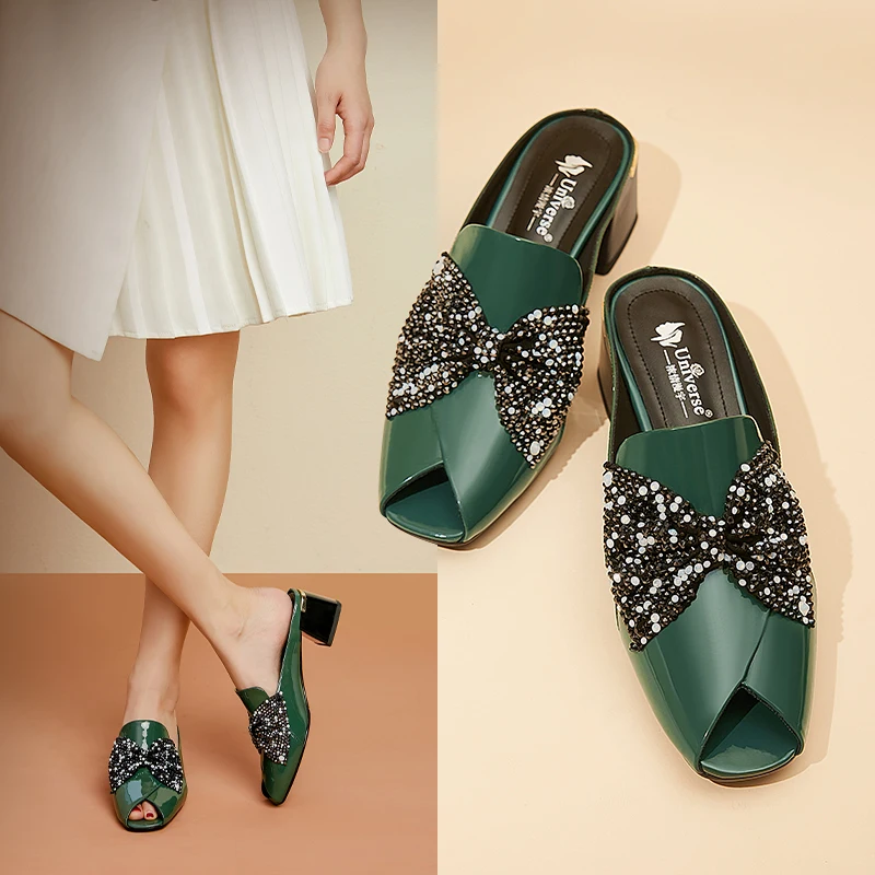 

Universe M161 Latest Design Top Fashion Green Glitter Butterfly-Knot Peep Toe High Quality Manufacturer Leather Slippers Mule