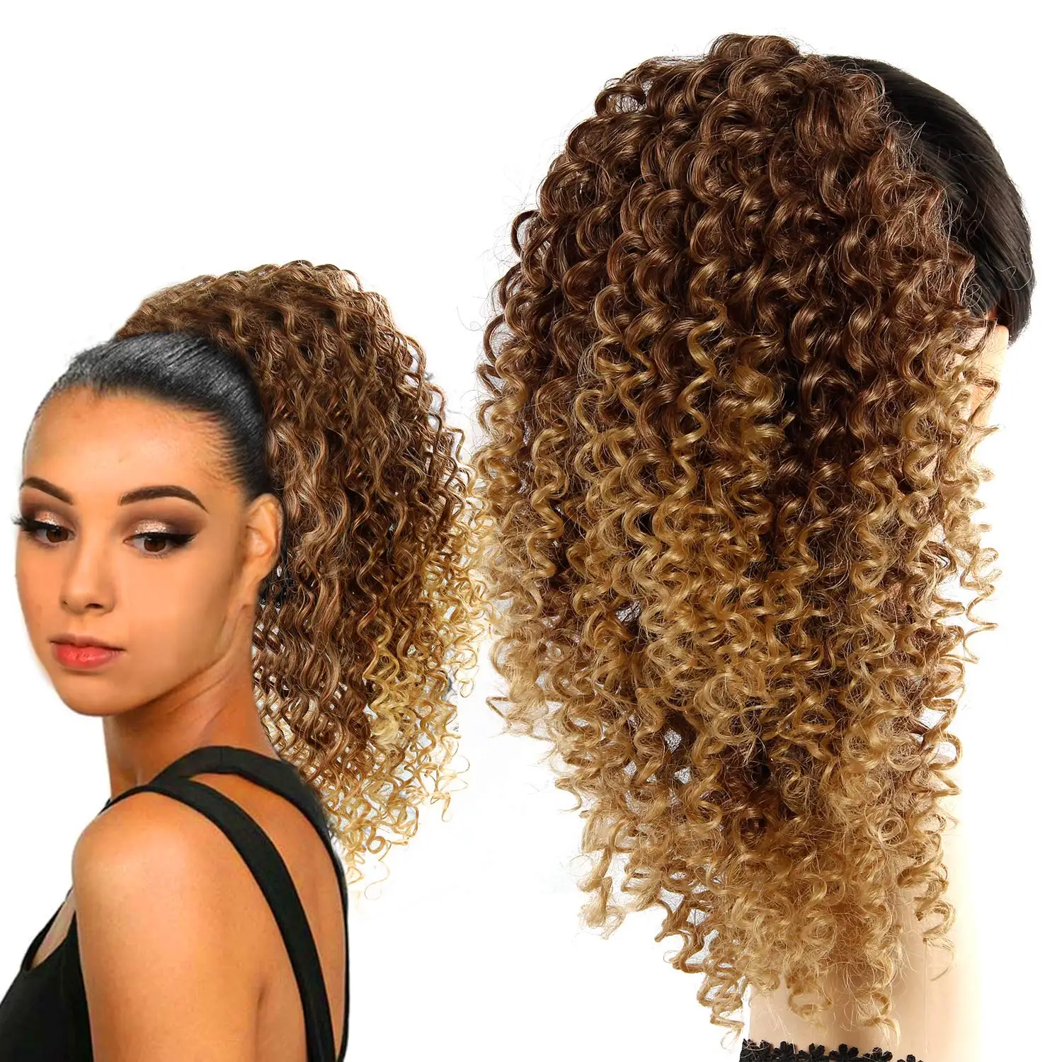 

Wholesale Color Of T1B27 Synthetic Ponytail Hair Extension Curly 24inch Long Drawstring Ponytail For Women