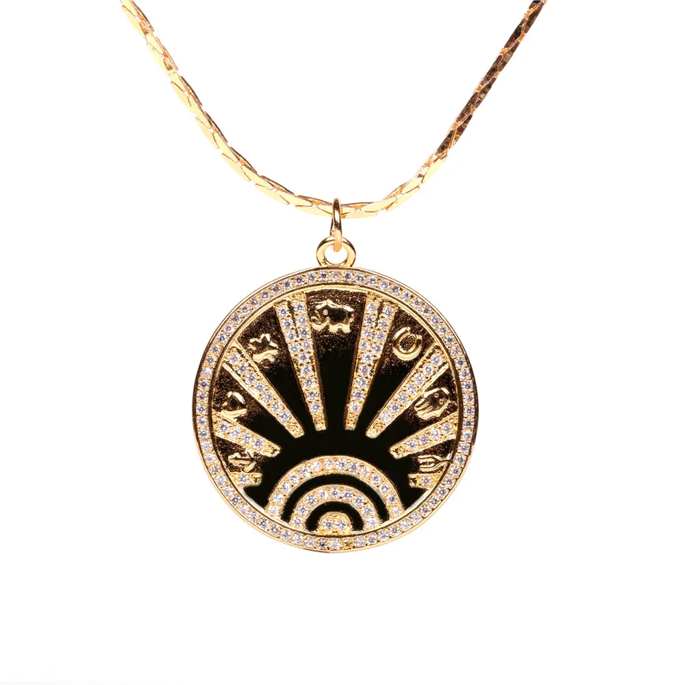 

Sailing Jewelry Txtured Totem Coin Pendant Necklace Gold Tone Embossed CZ Shaped Sun Necklace Cion Chain Choker Necklace