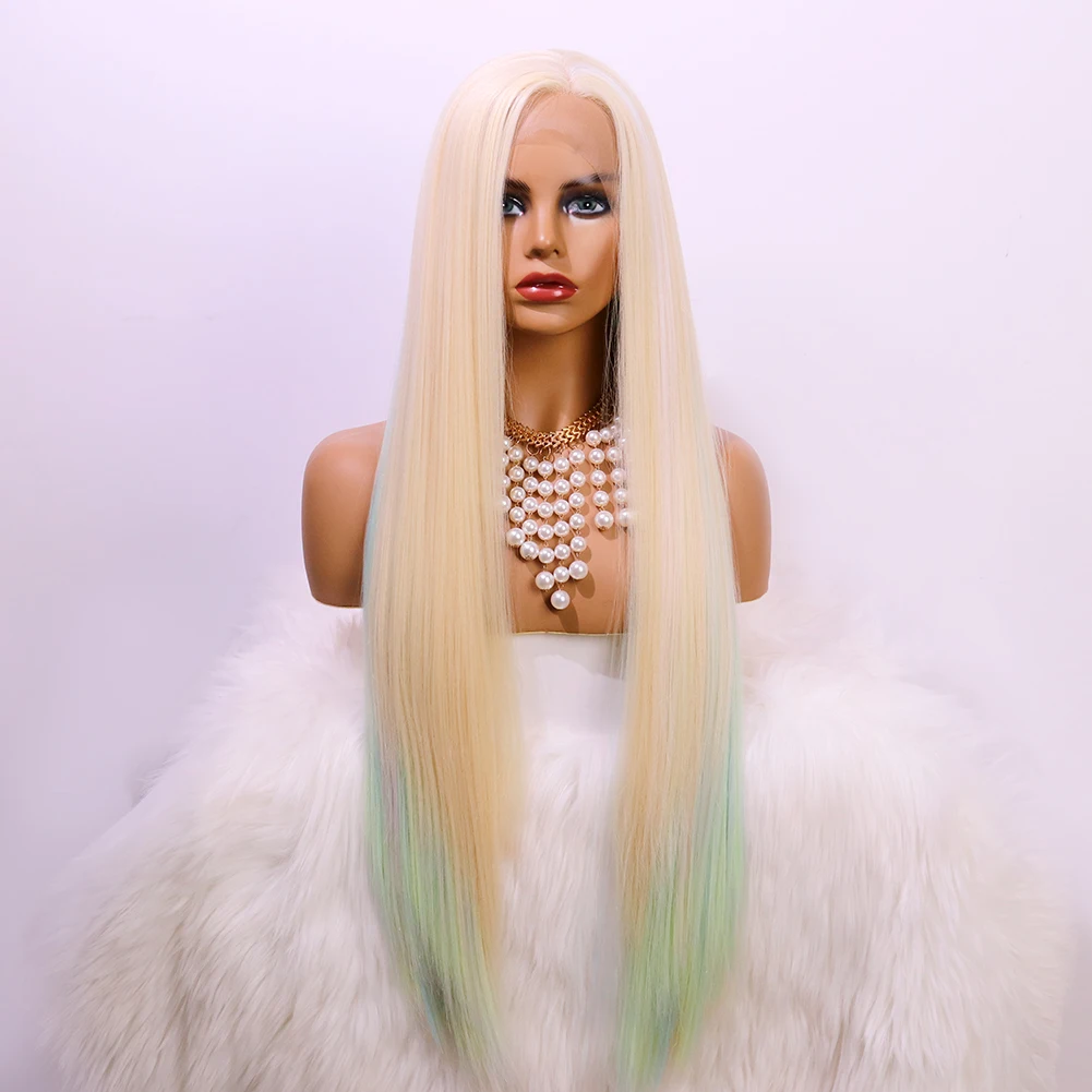

Green Rainbow Mixed Colorful Lace Wig 30inch Silky Straight Heat-resistant Synthetic Lace Wig Cospaly Halloween for Woman