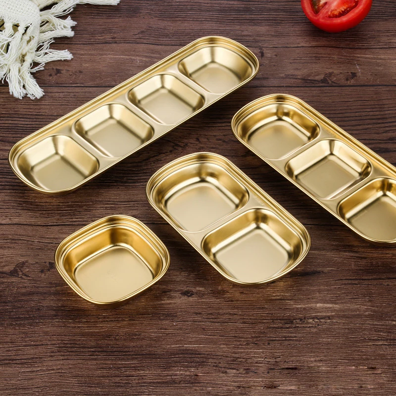 

Hot Sales 304 Stainless Steel Sauce Dish 3 Compartment Soy Sauce Dish Korean Dish Food Grade, Gold, silver