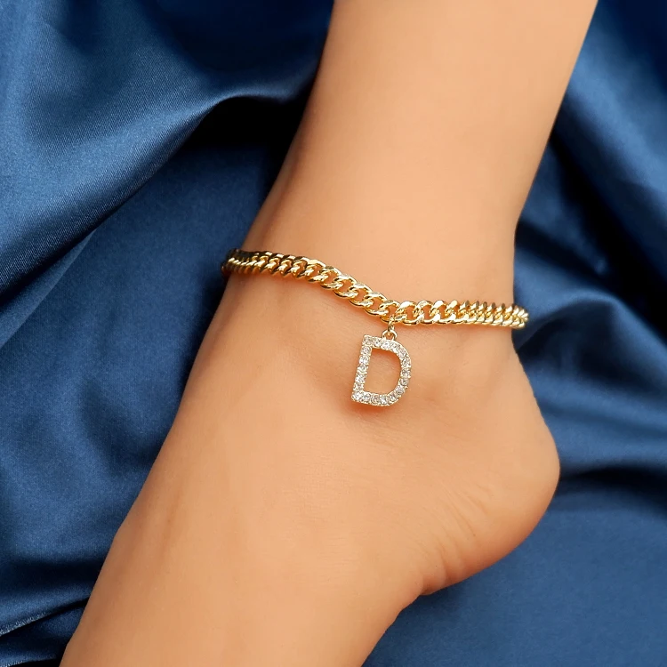 

personalized cuban link diamond initial crystal letter anklets for women, Gold