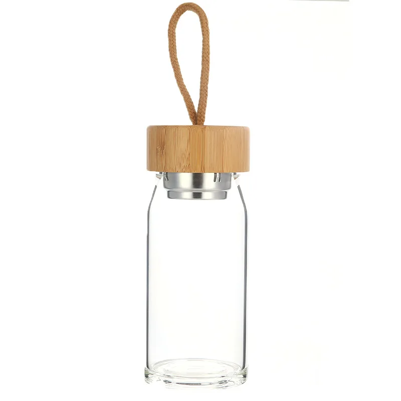 

300/400ML Custom Logo Clear Single Wall Glass Water Bottle With Bamboo Lid with handle Outdoors Business Gift