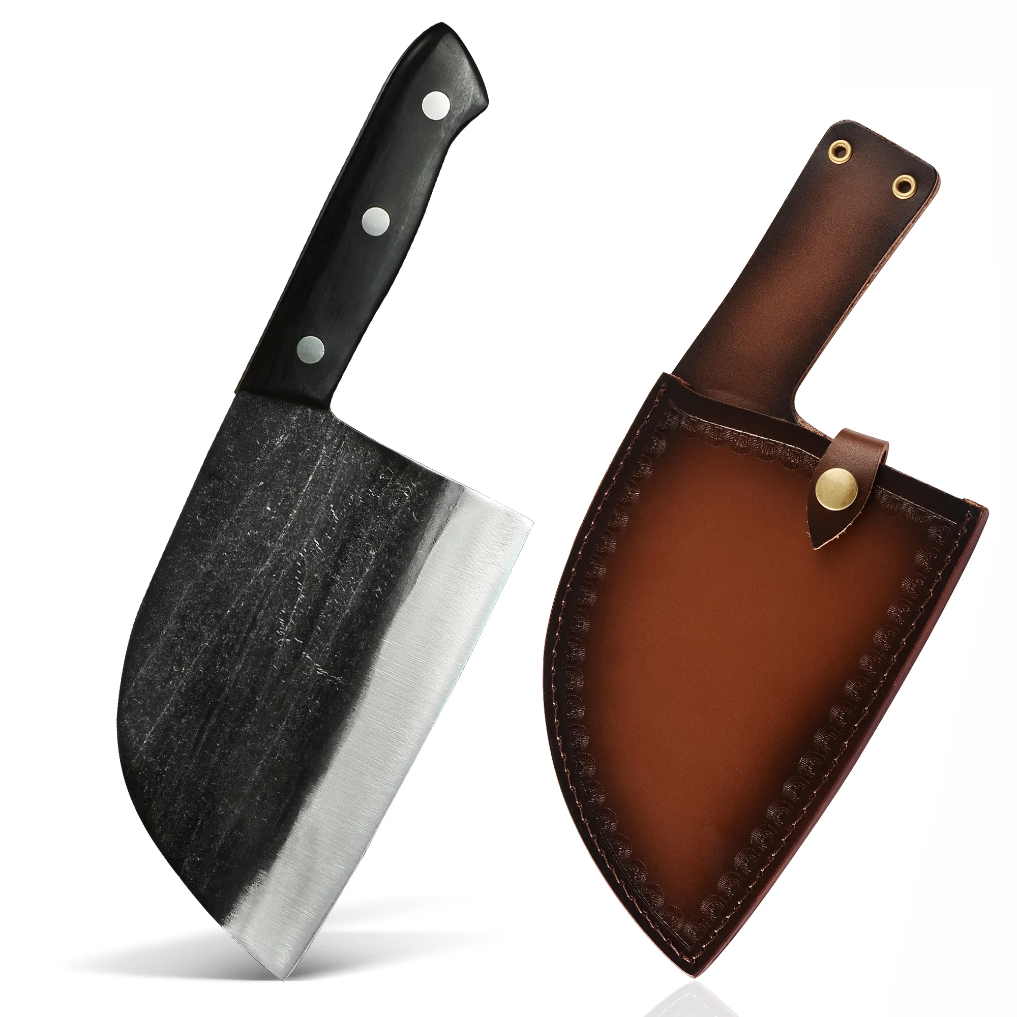 

Hot Powerful Meat Cleaver Chopping 7 Inch Outdoors Hunting Kitchen Forged Large Serbian Butcher Knife With Leather Sheath