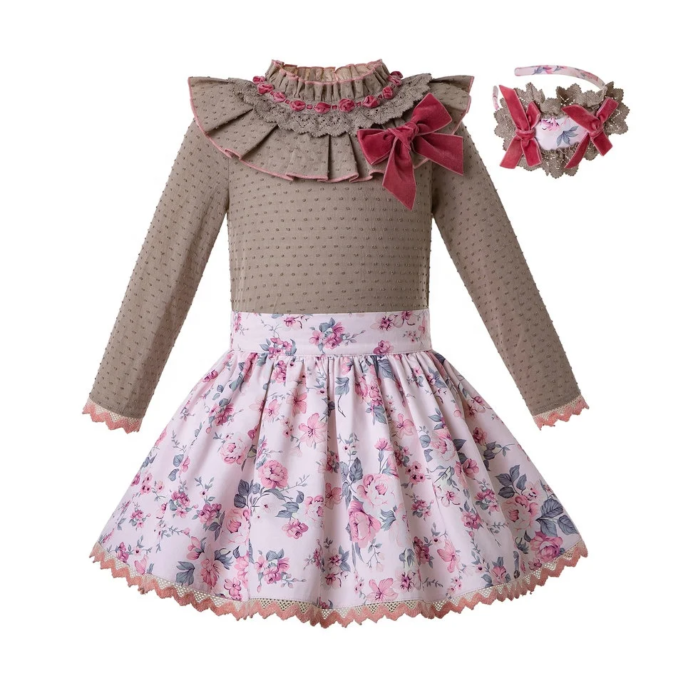 

OEM Autumn Girls Out Brown Dot Blouse + Flower Print Skirt Baby Girl Clothing Set+Headband With Bow Children Clothing