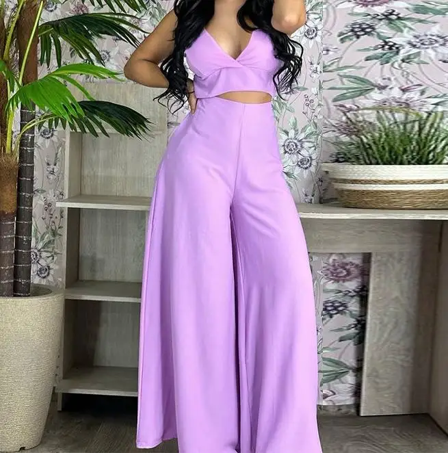 

S-2XL spring new two-piece set of solid color suspender vest with high waist pocket wide leg pants casual suit