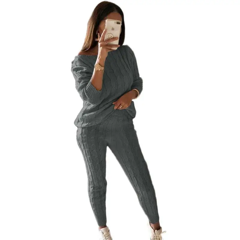 Knitted Suit Womans Solid Color Slash Neck Sweater + Long Knitted Pants ...