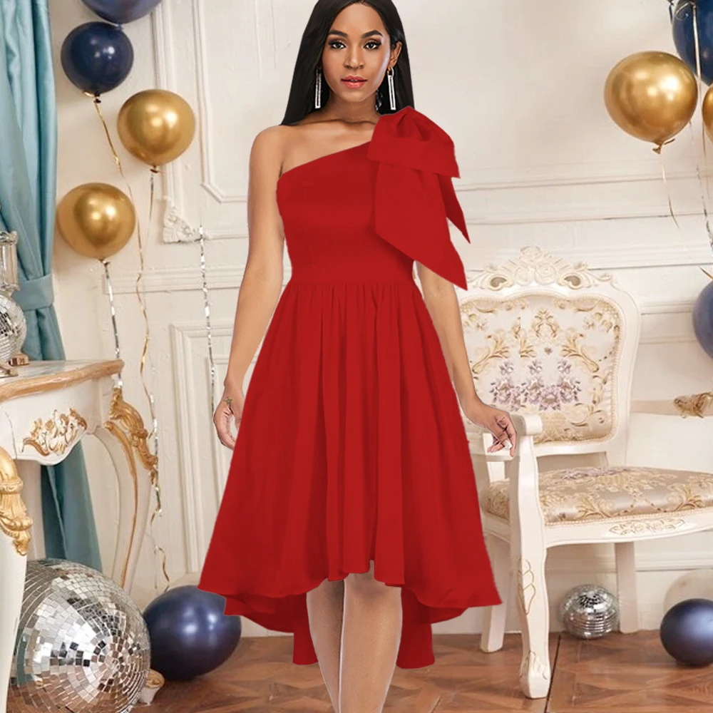 

Summer Red A-Line One Shoulder Big Bow Party Women Cocktail Dress