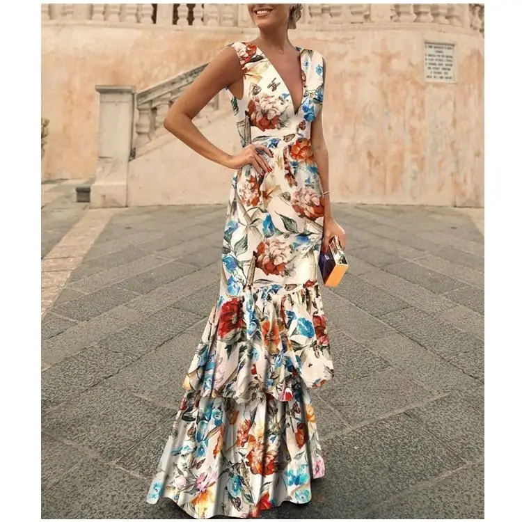 

2019 Wholesale Apparel Deep-V Flower Sleeveless Evening Dress Event Dresses