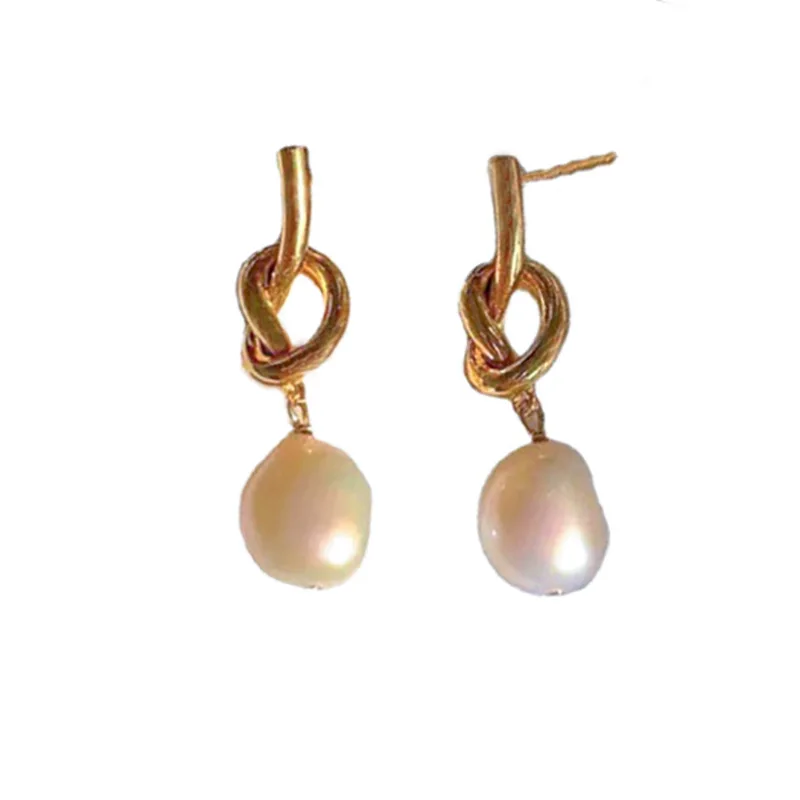 Baroque Pearl Stud Earrings S925 Silver Needle Hand New Copper Plated 14k Gold Knotted Earrings