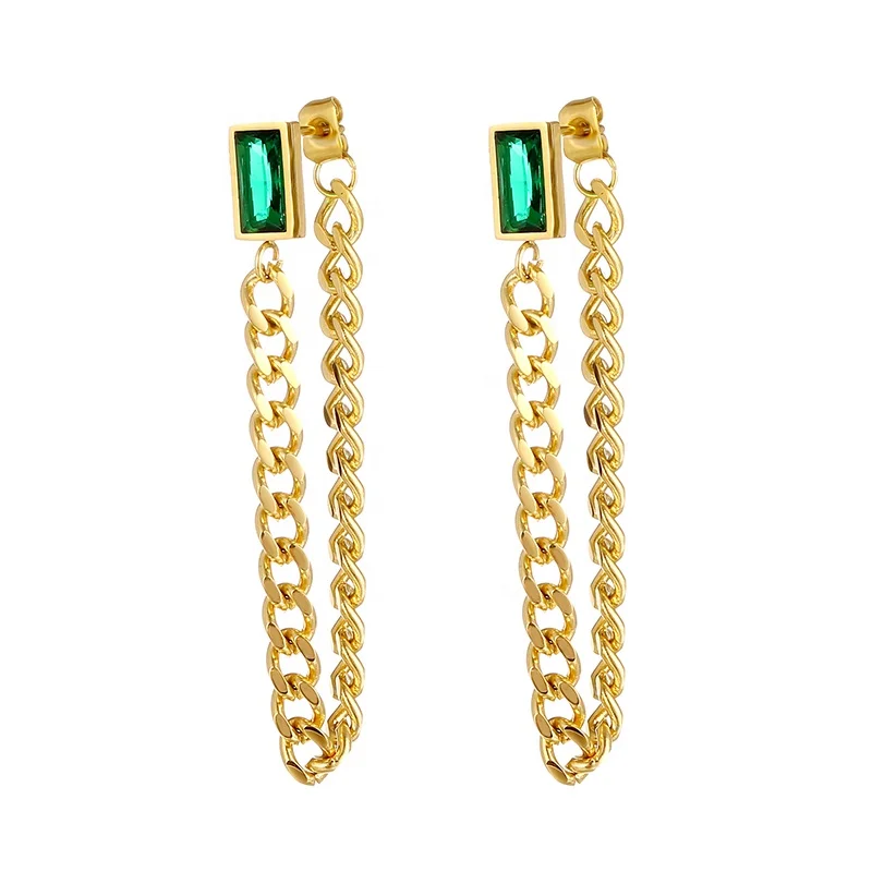 Fashion Jewelry Earrings 14k Gold Plated Stainless Steel Long Chain Colorful Zircon Stone Stud Earrings for Women