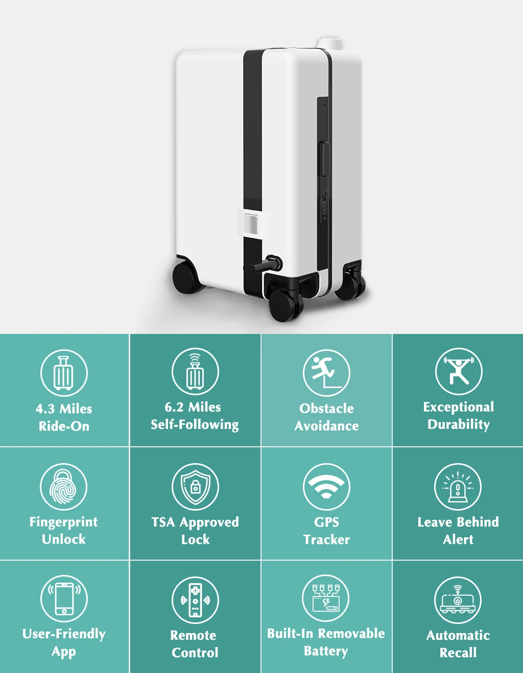 2020 New Automatic Following Robot Smart Luggage USB Charging Board Suitcase with remote control