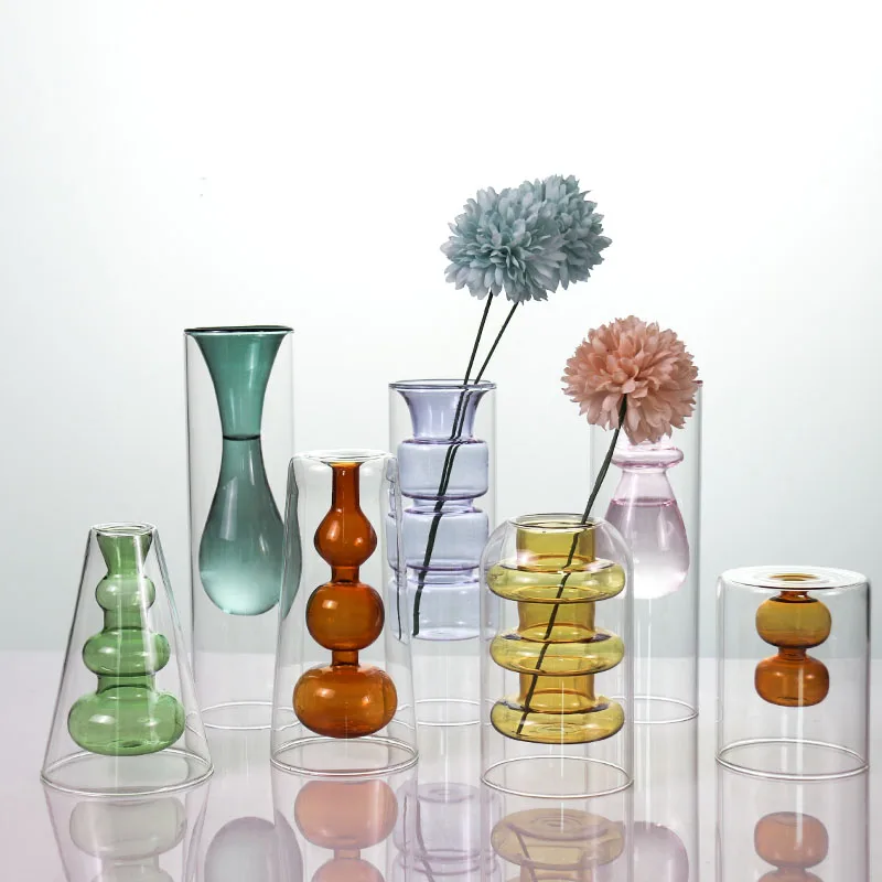 

Nordic transparent high borosilicate glass double wall glass vase creative flower bottles for home decoration