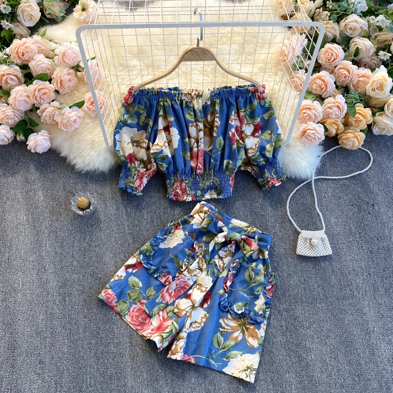 

Wholesale 2021 Summer New Style Holiday Style Suit Puff Sleeve One-word Off-the-shoulder Top Short Wide-leg Pants Sets
