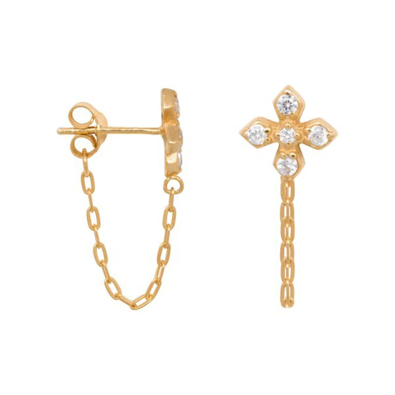 

S925 sterling silver cross earrings inlaid with 5 zircon cross chain earrings