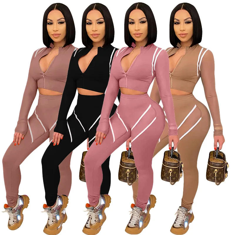 

Yingchao 2021 Autumn New Arrivals Casual Long Sleeves Bodycon 2 Piece Top and Stacked Pants Women Fall Sets Yoga or Daily Wear