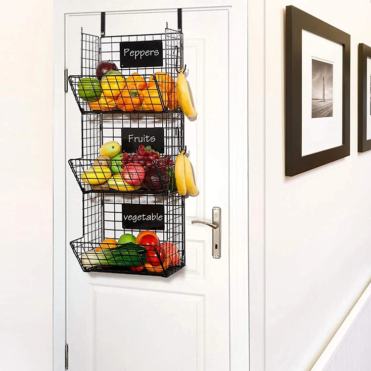 

wall hanging wire basket Rustic Metal Wire 3 Tier Wall Mounted Kitchen Fruit Produce Bin Rack, Black,
