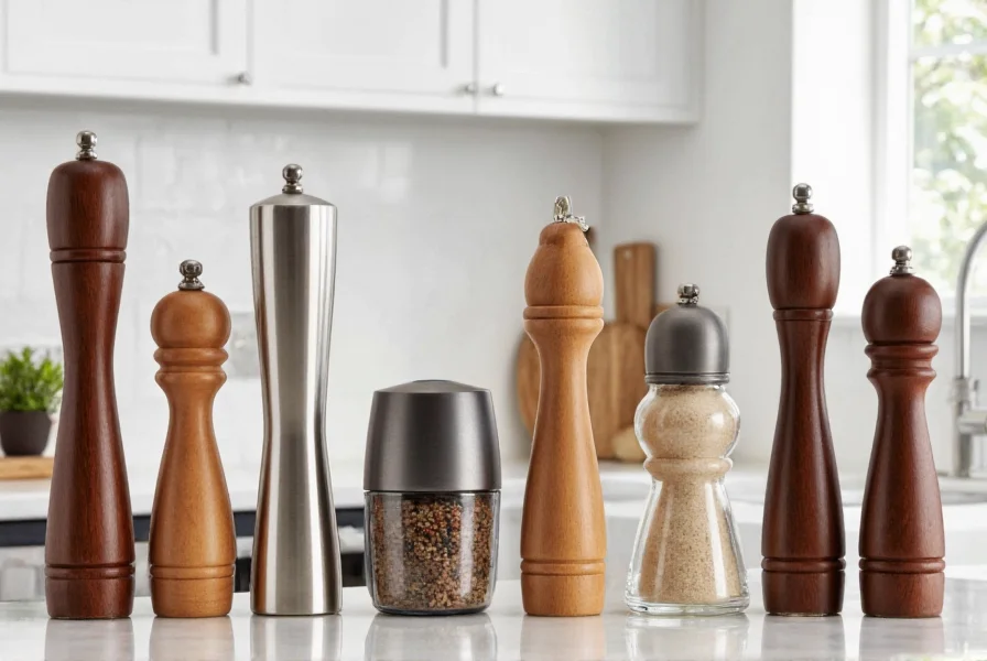 Cole and Mason salt and pepper mills collection showing wood, acrylic, and stainless steel varieties arranged on kitchen counter