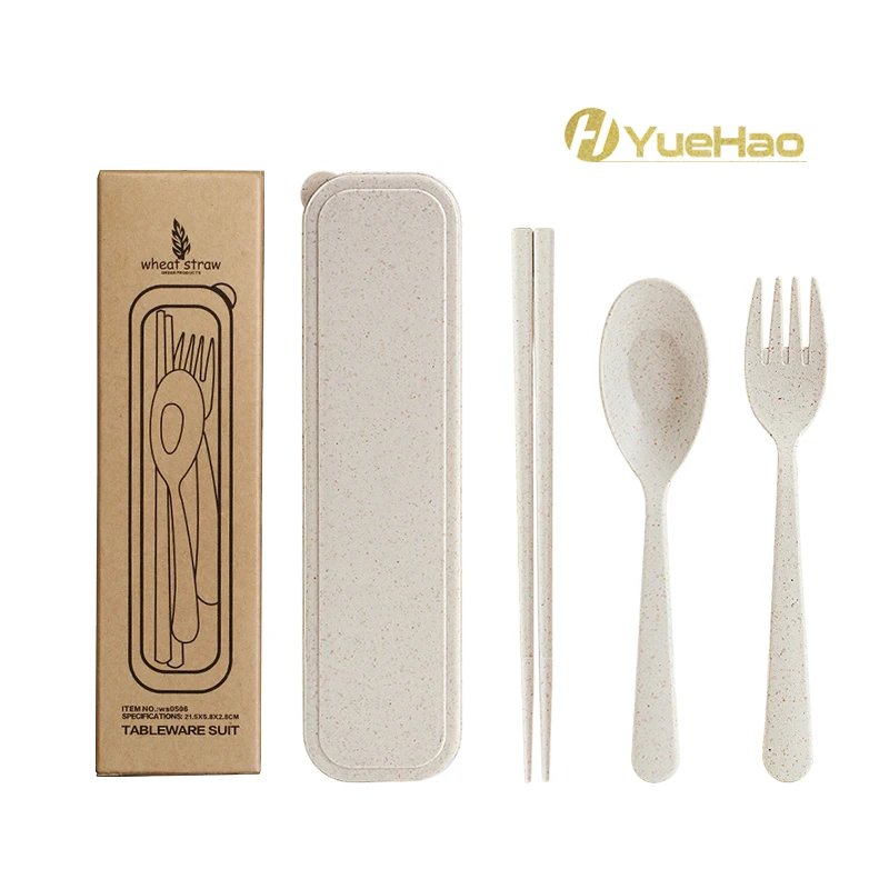 Portable spoon fork chopsticks Biodegradable Wheat Straw Tableware Reusable Camping Travel plastic cutlery set with case