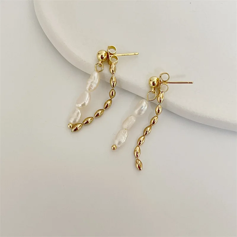 

Vershal A3-197 French Style Vintage Minimalist Freshwater Pearl Tassel Earrings 925 Sterling Steel Earrings, Gold