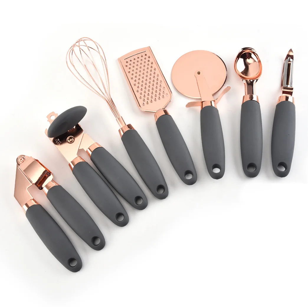 

New Gold Copper Coated Stainless Steel Kitchen Accessories Cooking Utensils with Soft Touch Copper 7 Pc Kitchen Gadget Set